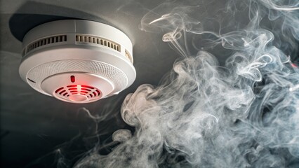 Smoke Alarm Activation Close-up Composition of Ceiling-Mounted Detector,Smoke,Fire Safety,Alarm Fire safety, Smoke detector