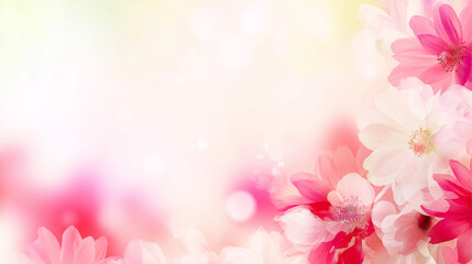 Fototapeta premium Elegant pastel floral background with soft red and white blossoms framing a light watercolor center. Border, frame, copy space, postcard, card, dreamy elegant simple design