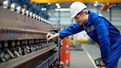 Fototapeta premium Factory worker wearing safety glasses and hardhat inspecting industrial equipment on a production line, performing quality control and ensuring smooth operation in a manufacturing plant
