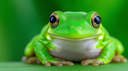 Vivid green tree frog perched on a lush leaf in its natural tropical forest habitat