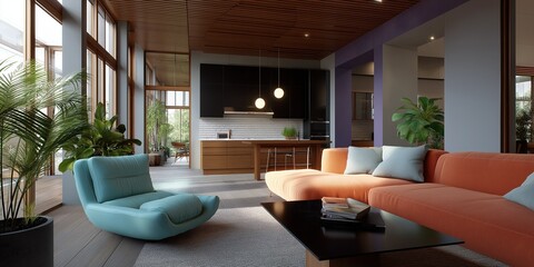 Fototapeta premium A living room with a blue chair and an orange couch. The room is decorated with plants and has a modern design