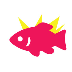 A stylized, vibrant pink fish with a crown of bright yellow spikes