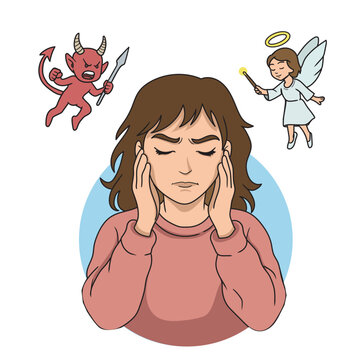 Confused woman with conflicting shoulder angel and devil. Cartoon style