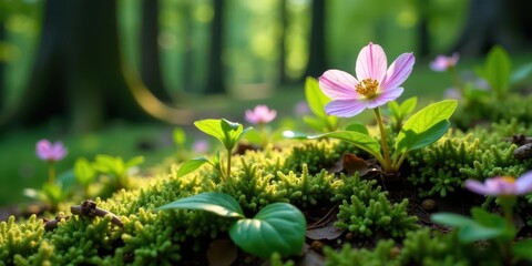 Serene woodland blossom illuminated by the morning sun, delicate petals unfurling amidst lush green moss and budding flora