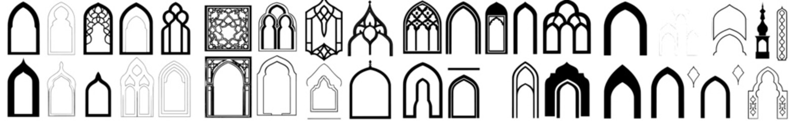 Fototapeta na wymiar Islamic arches and door designs, along with Arab and Muslim mosque shapes, combined with modern silhouettes, Ramadan Kareem and Eid Mubarak frames that represent Muslim holidays and Islamic Arabian