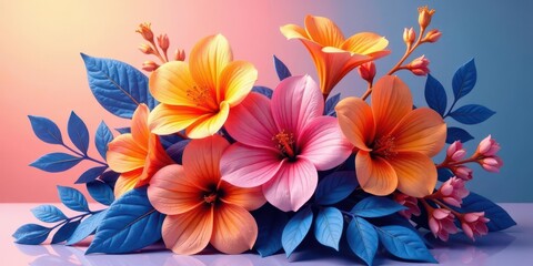 Vibrant Floral Arrangement with Peach, Pink, and Coral Blossoms, Showcasing Striking Blue Foliage in a Captivating Still Life