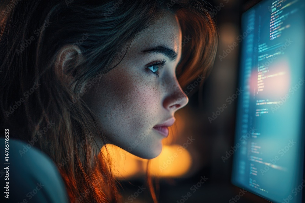 Leinwandbilder a young woman with freckles intensely focused on a computer screen filled with lines of code.