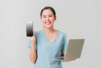 Naklejka premium smart attractive positive smile asian nurse doctor portrait shot confident and cheerful professional occupation hand hold smartphone laptop folder file hand gesture welcome body pose