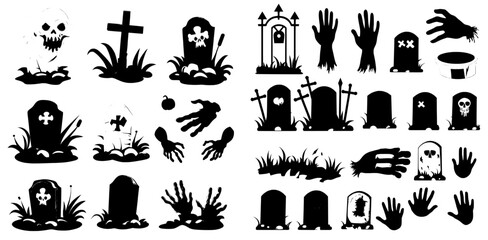A cartoon illustration of a grave hand is shown in a modern style, with the living dead represented by a stick figure wrist connected to a headstone, situated in a cemetery landscape of stone, grass