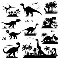 Dinosaur silhouettes on horizontal banners evoke a prehistoric era landscape, whereas modern backgrounds portray a serene scene of dino species shadows roaming at sunset with palm trees situated in