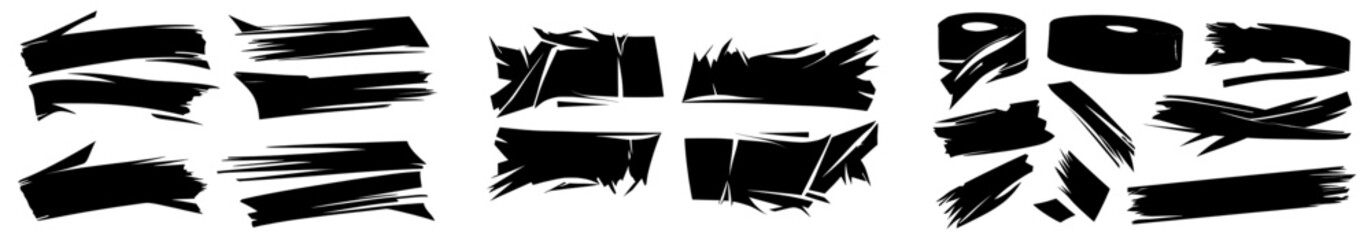 The collection includes black paper strips that are ripped, with rectangular cutouts having torn edges and shredded page remnants, set against a grunge backdrop with silhouettes and rough, jagged
