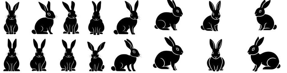 The collection features isolated modern clipart of cute Easter bunnies and hares in black and white, presented in a simple flat style as logos, emblems, or pictograms