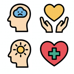 Icon set illustrating mental health recovery with a sad head, supportive hands holding a heart, a sunny mind, and a heart with a cross, all on a white background, symbolizing healing.