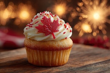 Close-up of festive maple leaf cupcake with red-white frosting, glowing under golden light with fireworks bokeh for Canada Day celebration

