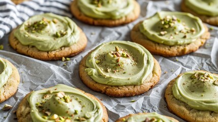 A close-up of cookies topped with a green pistachio cream or matcha spread.