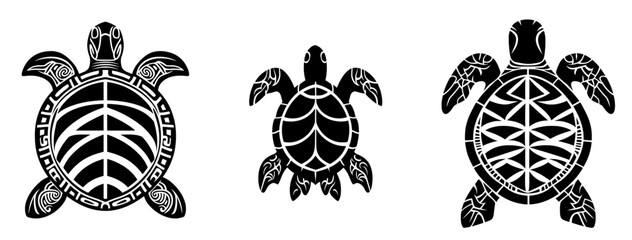 A modern polynesian art piece featuring a Maori tribal turtle reptile animal tattoo, complete with a sea turtle isolated silhouette and abstract geometric black white pattern, reminiscent of