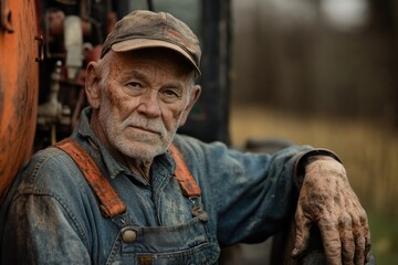 Obraz premium Aged farmer with weathered hands, leaning on old tractor, embodying rural resilience and hard work.