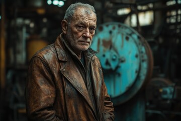 Naklejka premium A weathered man in a brown leather jacket stands in a grunge industrial setting.
