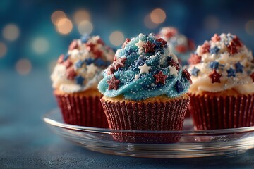 Red-white-blue festive desserts with celestial decorations, pyrotechnic lights mirrored in beverage glass with soft dusk glow

