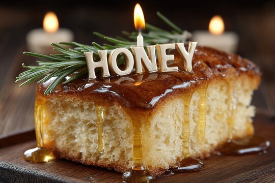 Traditional honey-glazed potica decorated with fresh herbs, warm candle illumination on rustic surface with blurred mountain backdrop

