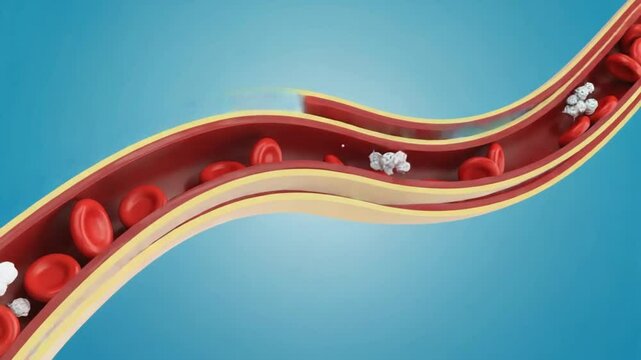 3D animation depicting blood flow with red blood cells, white blood cells, and platelets