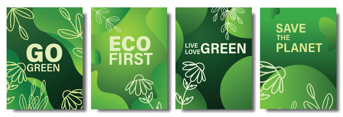 Green background vector illustration. Eco ecology abstract patterns with gradient fluid wave shapes, flower leaves plant line art. Minimal organic modern design for earth day poster, spring template 