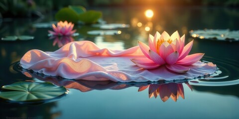 Serene Pink Water Lily on a Soft Fabric Afloat on Calm Water at Sunset