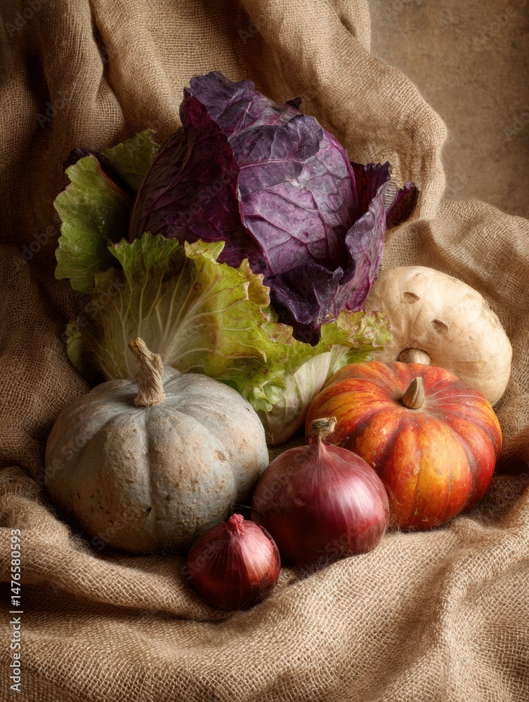 Aufkleber Autumn Harvest of Colorful Vegetables and Burlap Texture With Faded Area on the Right Side Creating a Warm Seasonal Atmosphere