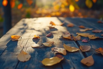 Fallen leaves on wooden table