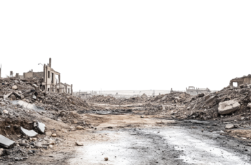 Ruined city buildings, debris-filled street