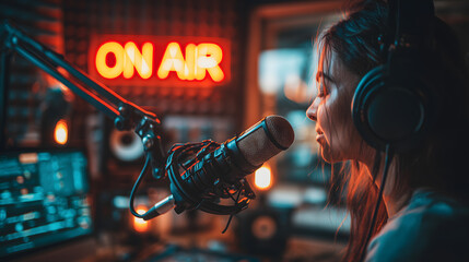 Female Radio Host in Podcast Studio with Microphone and “On Air” Sign