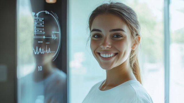 Young woman smiles while interacting with a digital display showing health metrics in a modern environment - Powered by Adobe