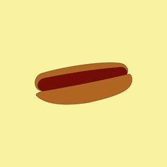 Sausage bread vector illustration on yellow background. Fast food snack