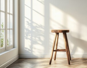 Rustic Wooden Stool in Sunlit Room with Greenery View