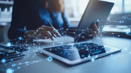 Working with modern technology in a collaborative office environment during the day