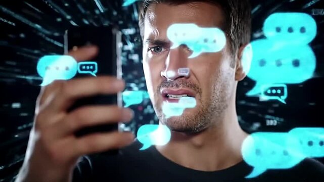 Man Using Smartphone Surrounded by Blue Chat Bubbles.  Animated Chat Bubbles in Dark animation background - Powered by Adobe