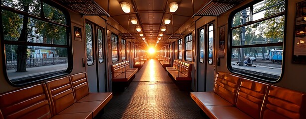 A  subway train interior with empty benches, showcasing a warm atmosphere as sunlight streams through the windows.