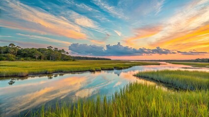 Sunset Marsh Landscape Colorful Sky Reflection, Waterway Composition, Coastal Scene, Marsh, Sunset Marsh, Coastal