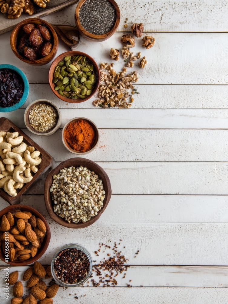 Leinwandbilder clean table setting with an assortment of nuts and seeds arranged neatly in bowls under bright light