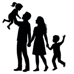 Playful happy family silhouette with two children isolated on transparent background