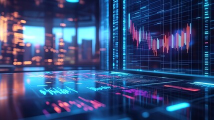 Obraz premium Business negotiation table with digital floating holographic financial reports, advanced commerce 