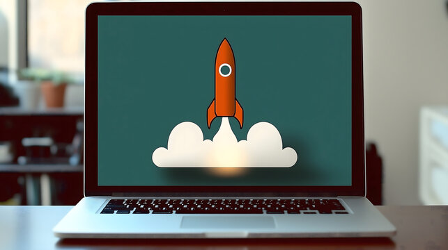 Rocket Launch on Laptop Screen &ndash; Startup and Innovation Concept