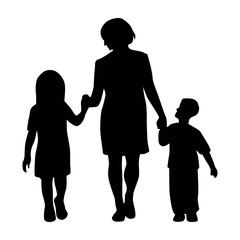 Mother walking with two kids silhouette illustration