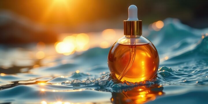 Golden elixir bottle on rippling water at sunset, reflecting the warm light