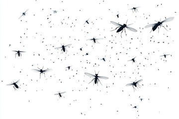 flock of flies and mosquito flying in the air, white background,