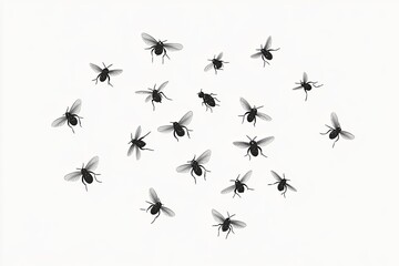 flock of flies and mosquito flying in the air, white background,