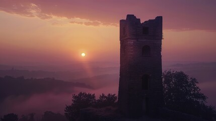 Ruined tower at dawn overlooking a misty valley.
