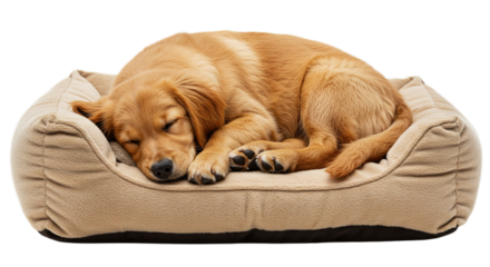 golden retriever dog sleeping on the pet bed isolated on white or transparent background PNG