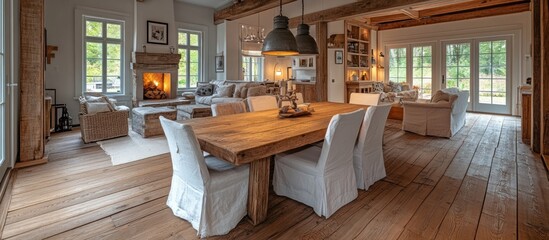 Rustic farmhouse dining area with large wooden table and white chairs