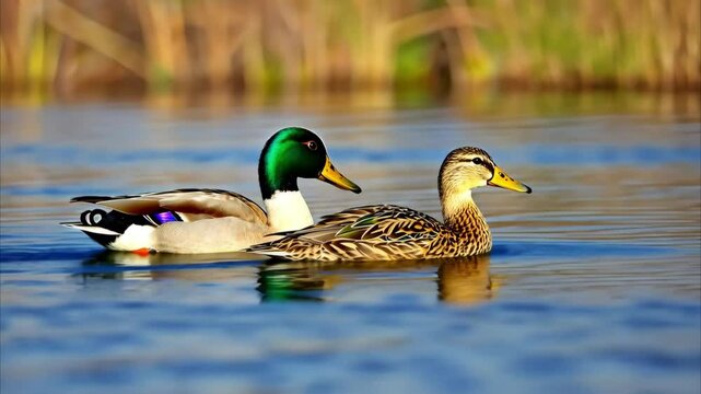 Two mallard ducks glide gracefully on calm waters, surrounded by golden reeds in warm sunlight. Wildlife, nature, and serene outdoor video